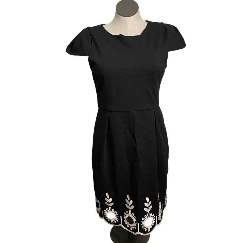 4.collective Womens Kate Dress 12 Black Daisy Cap Sleeve Embroidered Hem Retro